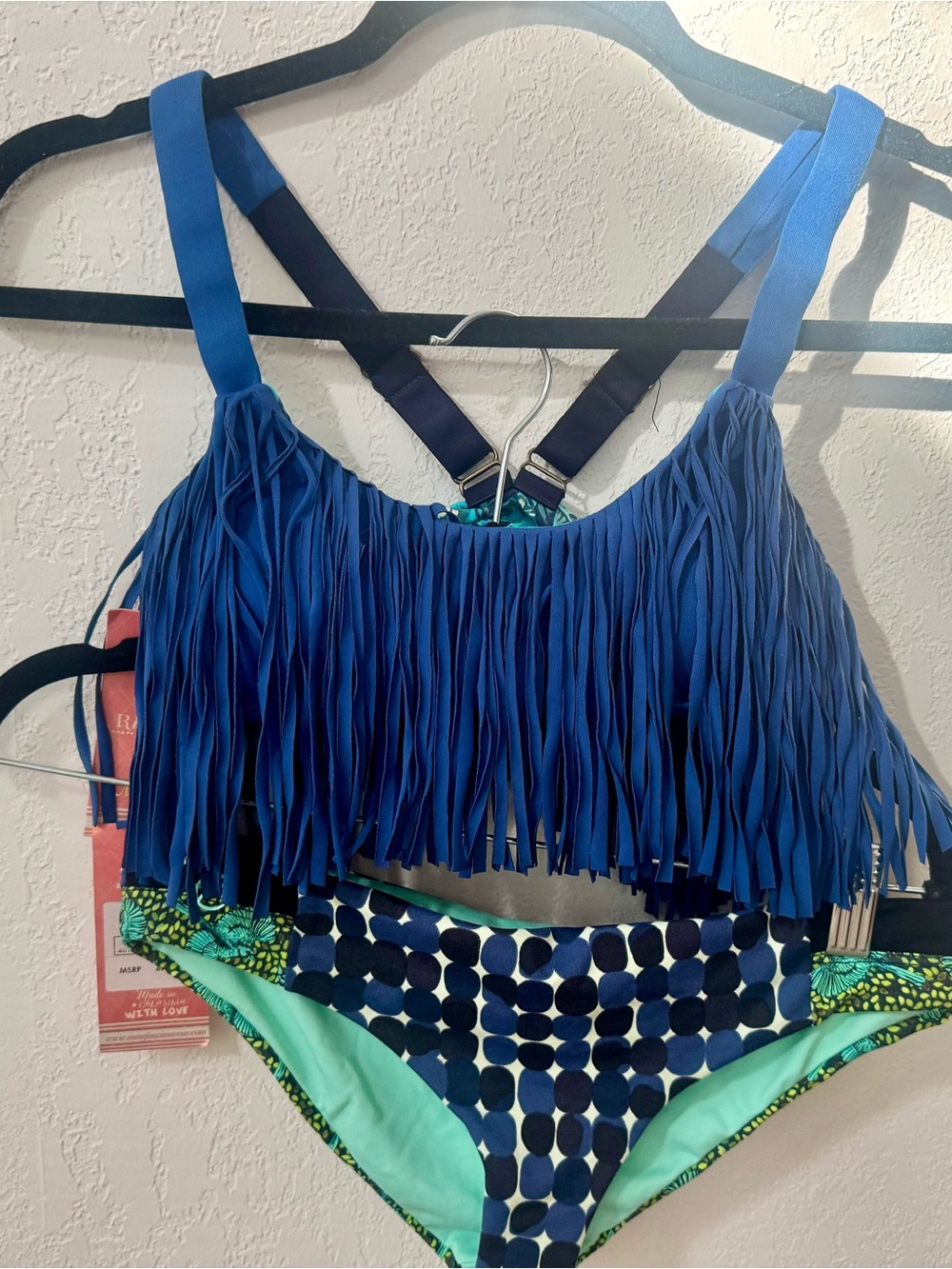 NWT Maaji Women's 2 piece bikini -Blue fringe top with low rise print bottom